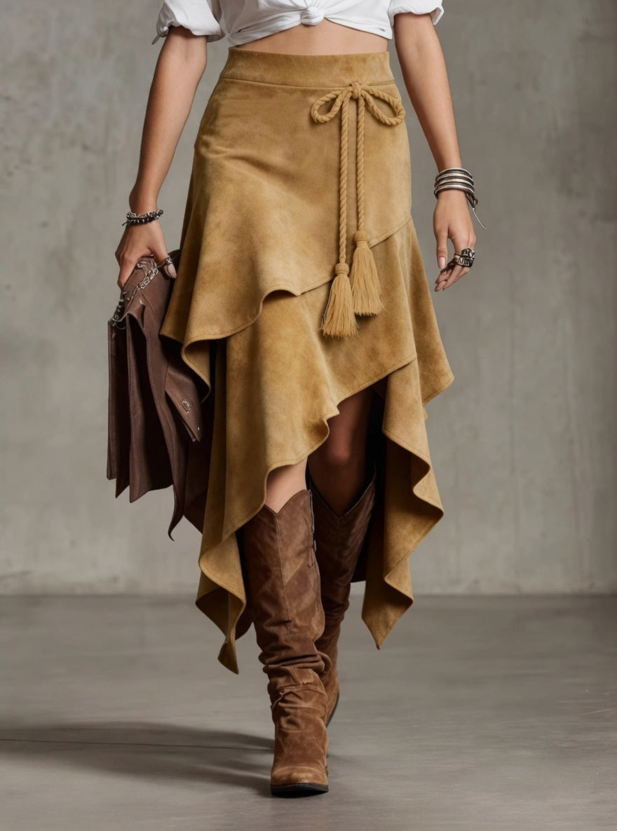 Verano Muse™ Retro Western-style Irregular Design Suede Skirt