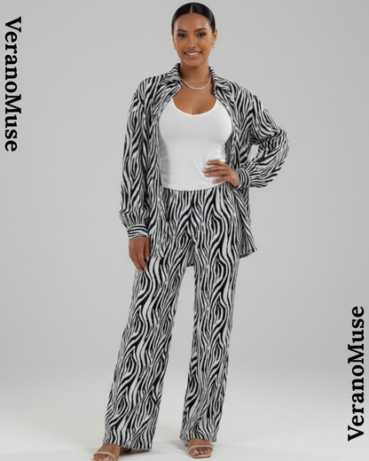 Camisa Verano Muse™ de manga larga plisada con estampado de cebra y pantalones de pernera ancha