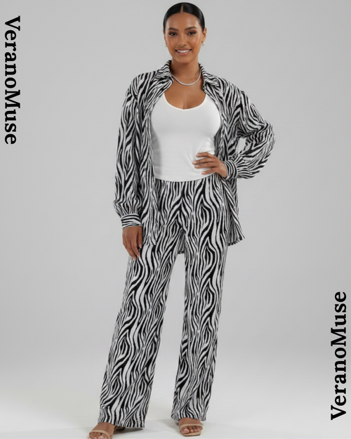 Camisa Verano Muse™ de manga larga plisada con estampado de cebra y pantalones de pernera ancha